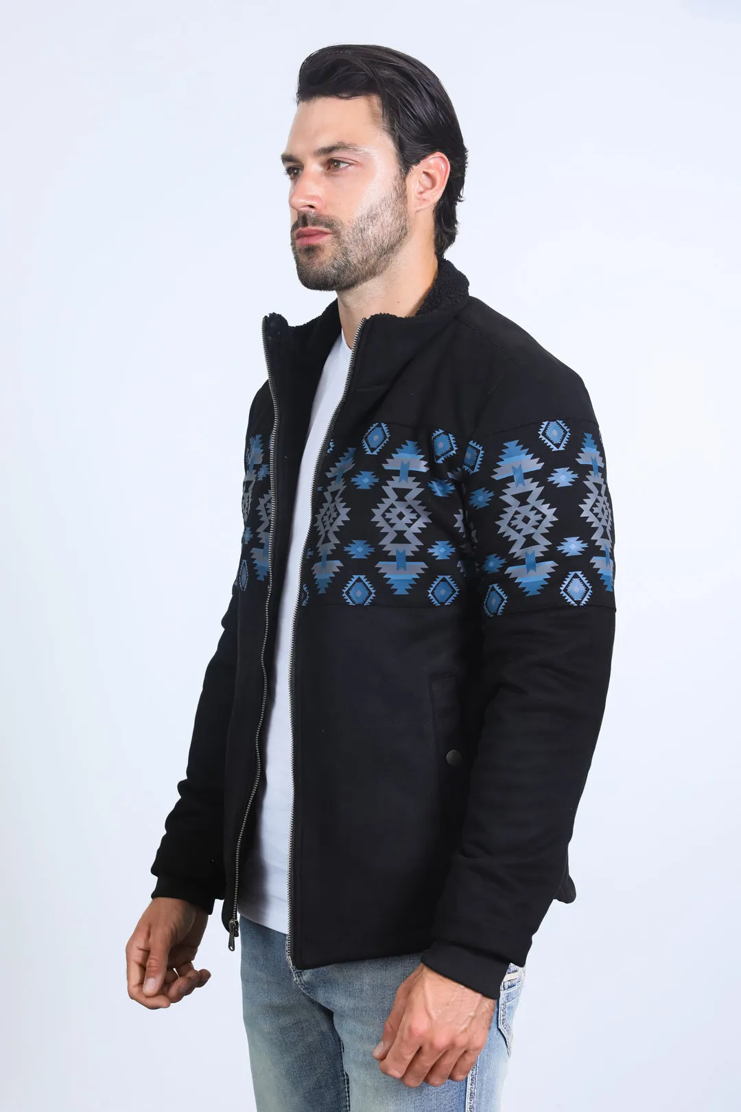 Men's Ethnic Aztec Quilted Fur Lined Black Jacket