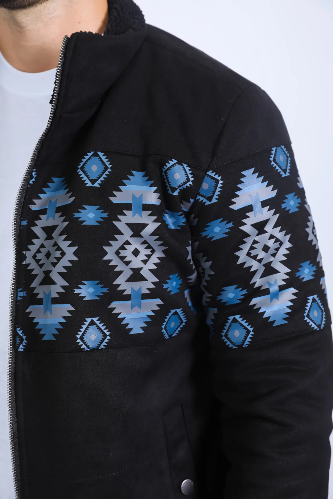 Men's Ethnic Aztec Quilted Fur Lined Black Jacket