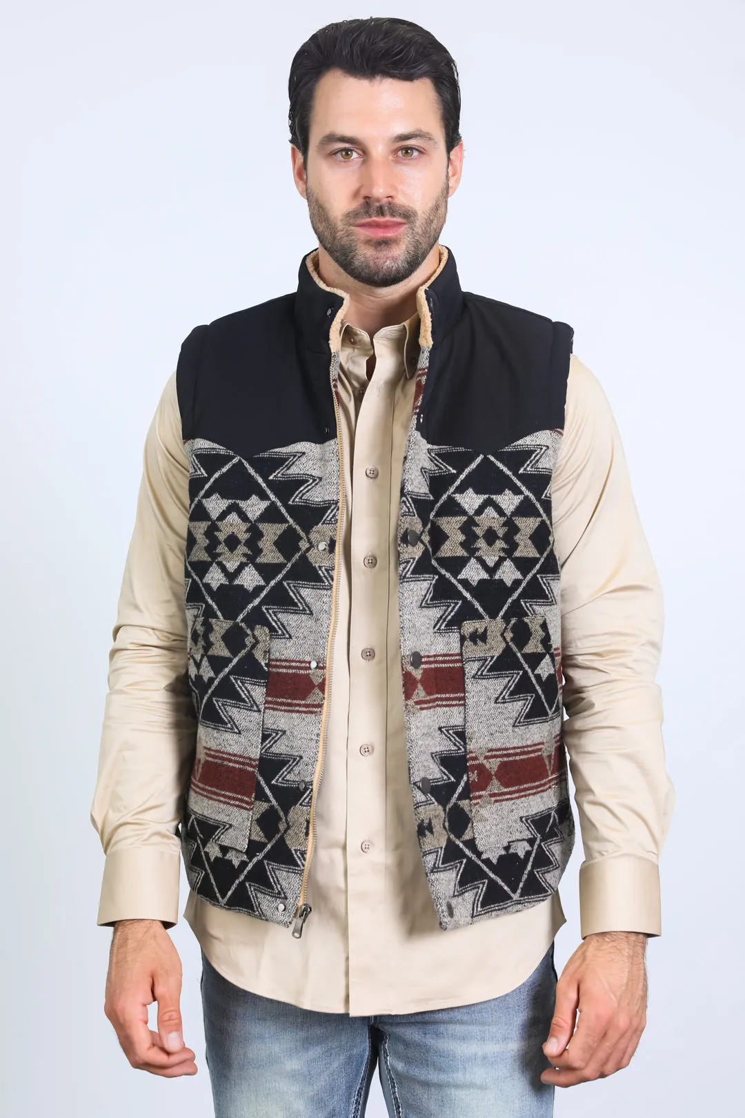 Mens Ethnic Aztec Quilted Fur Lined Black/Khaki Vest