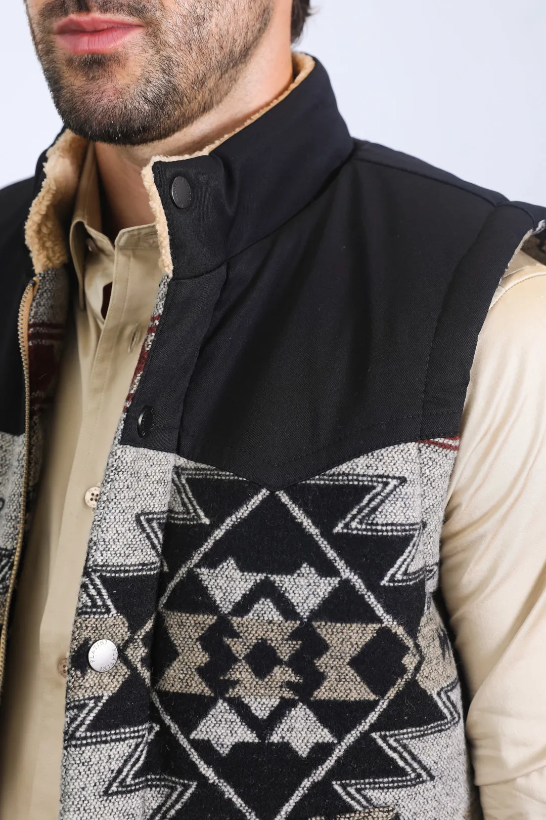 Mens Ethnic Aztec Quilted Fur Lined Black/Khaki Vest