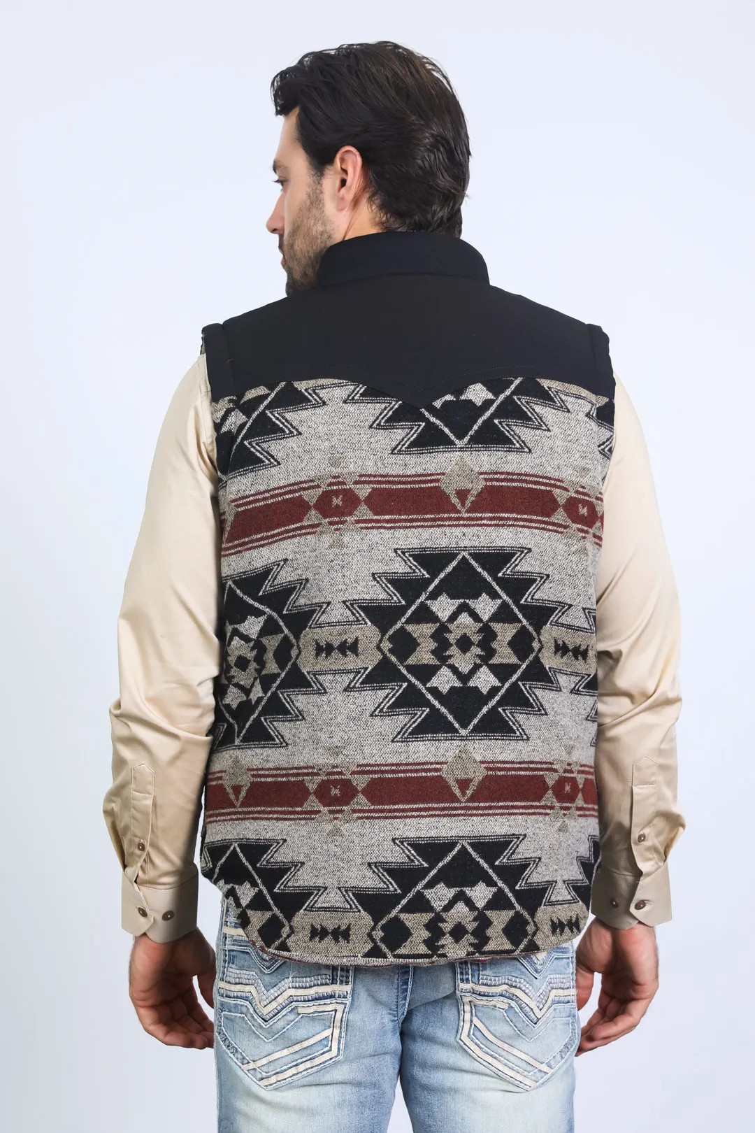 Mens Ethnic Aztec Quilted Fur Lined Black/Khaki Vest