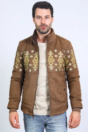 Men's Ethnic Aztec Quilted Fur Lined Brown Jacket