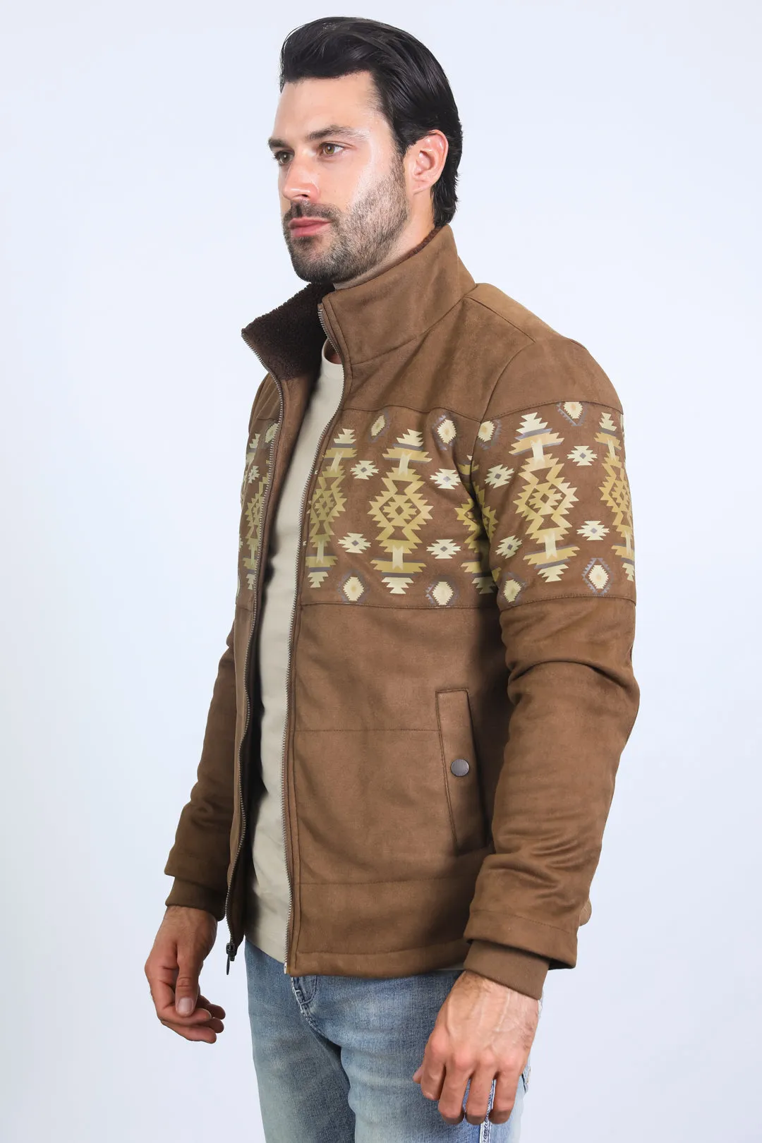 Men's Ethnic Aztec Quilted Fur Lined Brown Jacket