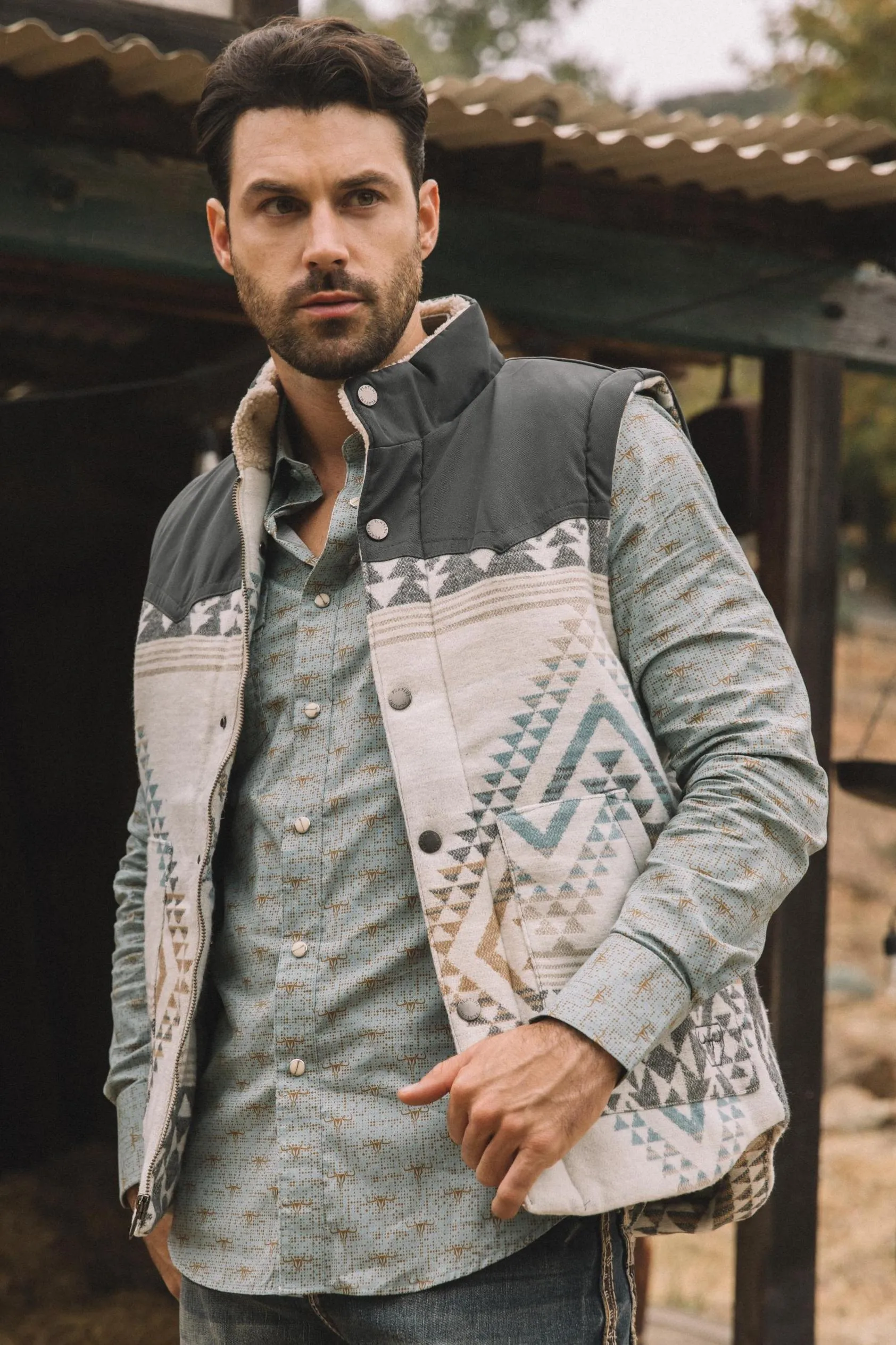 Mens Ethnic Aztec Quilted Fur Lined Charcoal Vest