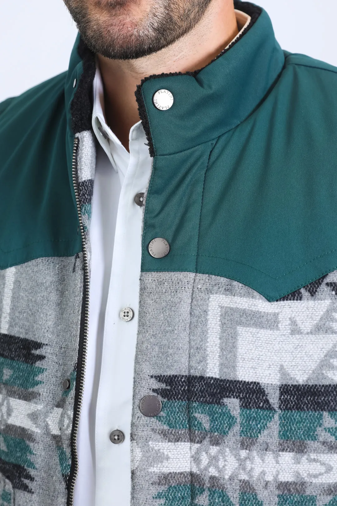 Mens Ethnic Aztec Quilted Fur Lined Green Vest