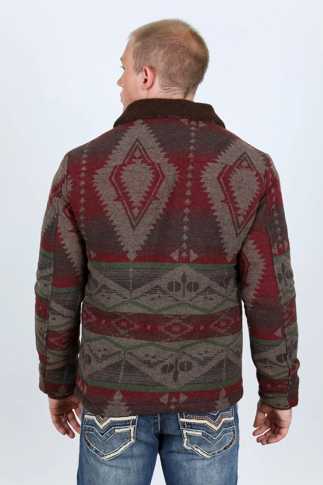 Mens Ethnic Aztec Quilted Fur Lined Jacket - Burgundy