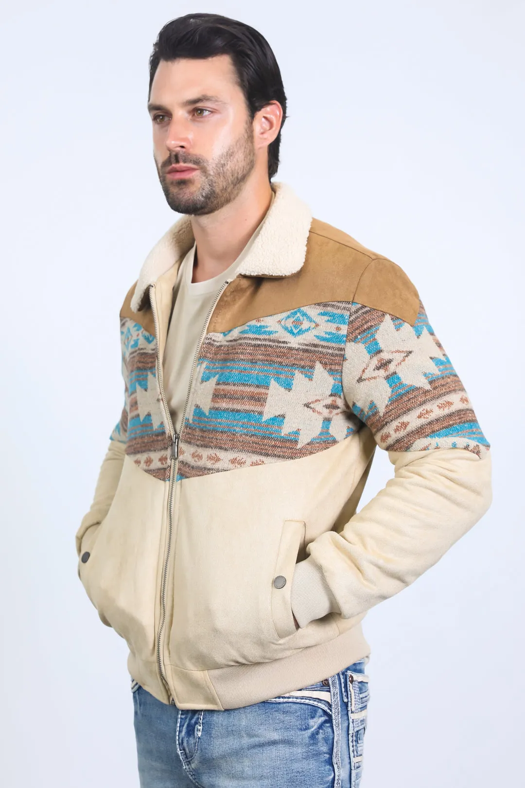 Mens Ethnic Aztec Quilted Twill Beige Jacket W/Suede Accents