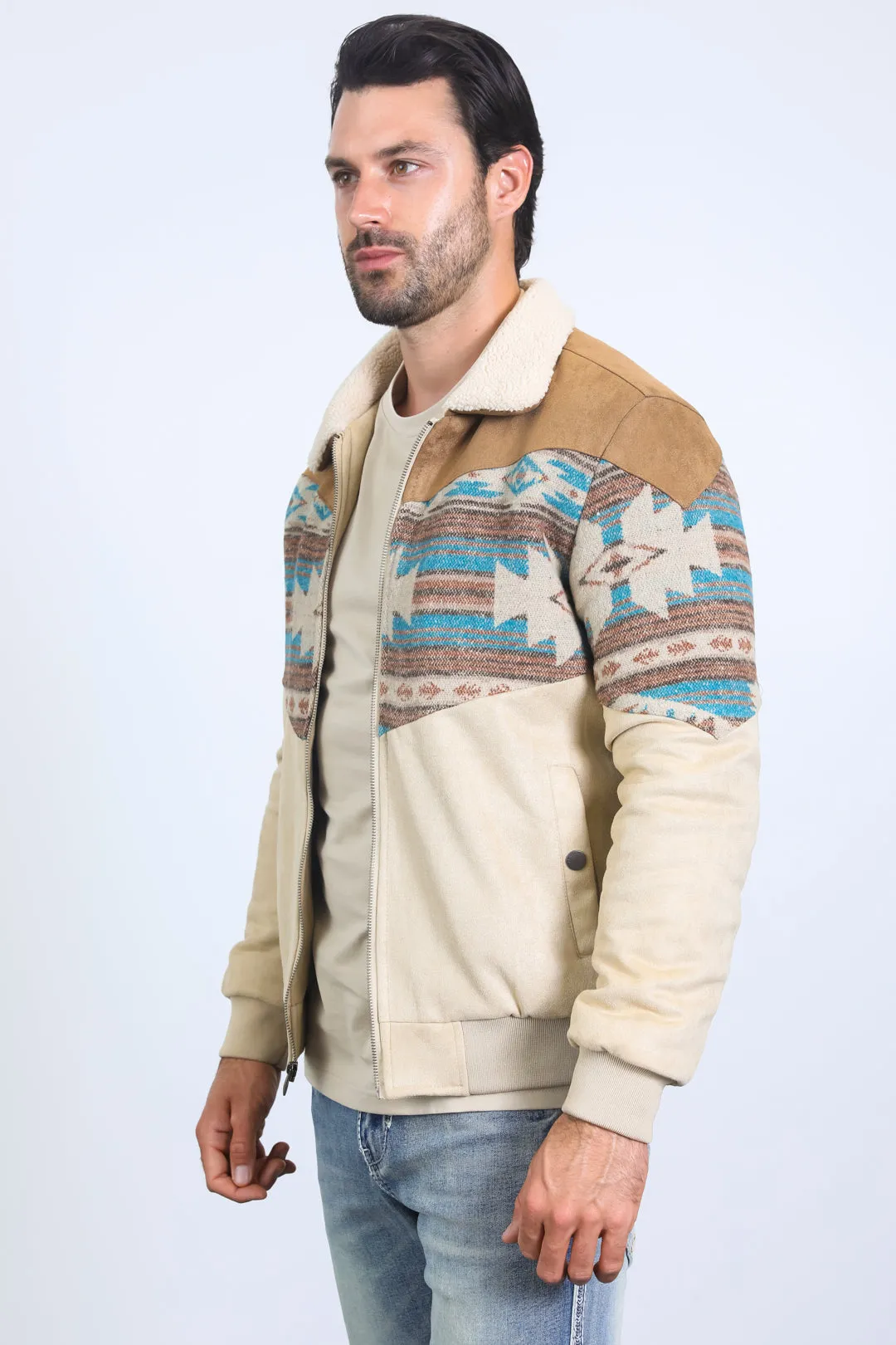 Mens Ethnic Aztec Quilted Twill Beige Jacket W/Suede Accents