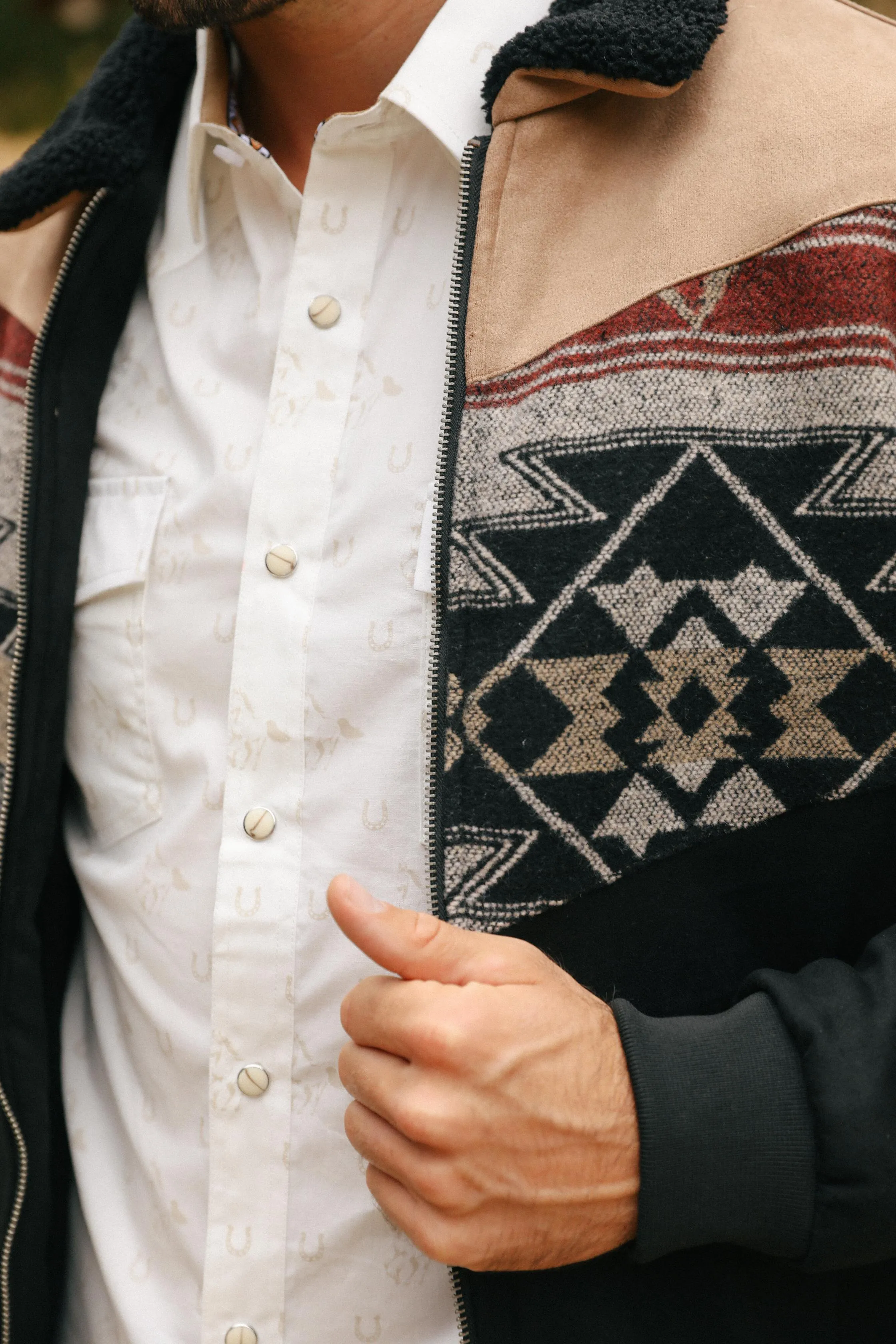 Mens Ethnic Aztec Quilted Twill Black/Beige Jacket W/Suede Accents