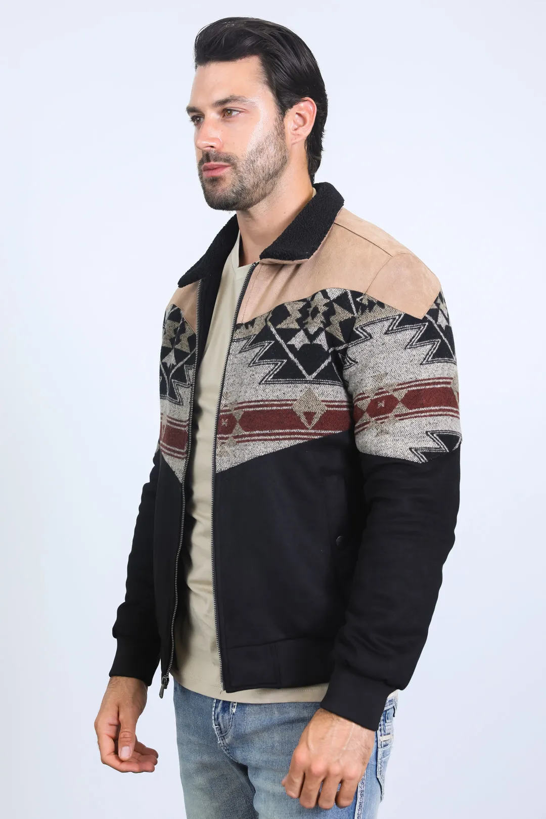 Mens Ethnic Aztec Quilted Twill Black/Beige Jacket W/Suede Accents