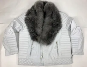 Men's Jay Biker Jacket White With Full Silver Fox Collar