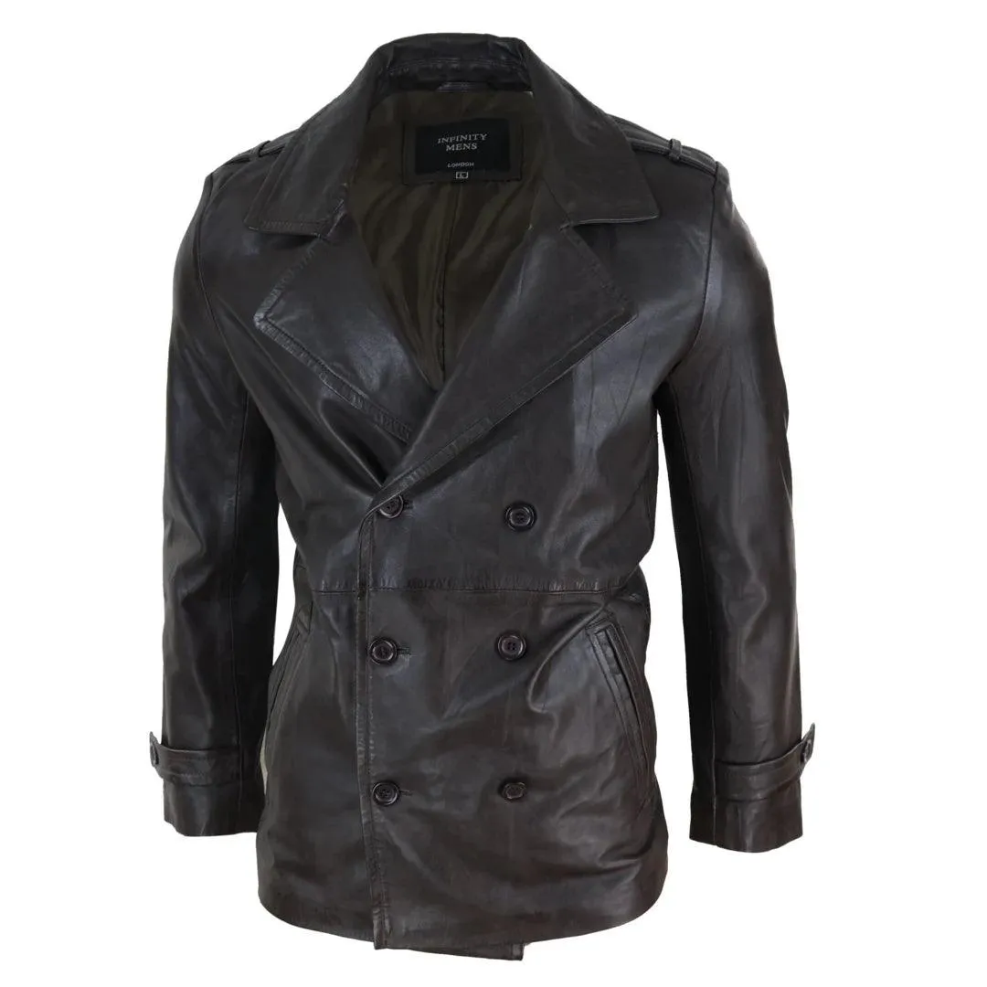 Mens Real Leather 3/4 Double Breasted Pea Coat Sherlock Brown Sailor Classic