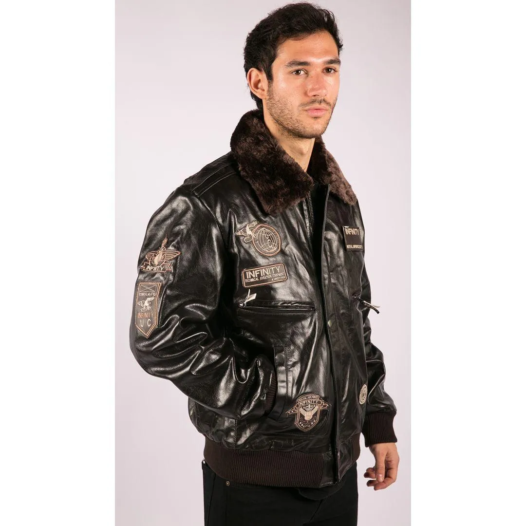 Mens Real Leather Jacket Bomber Aviator Style Badge Design Brown