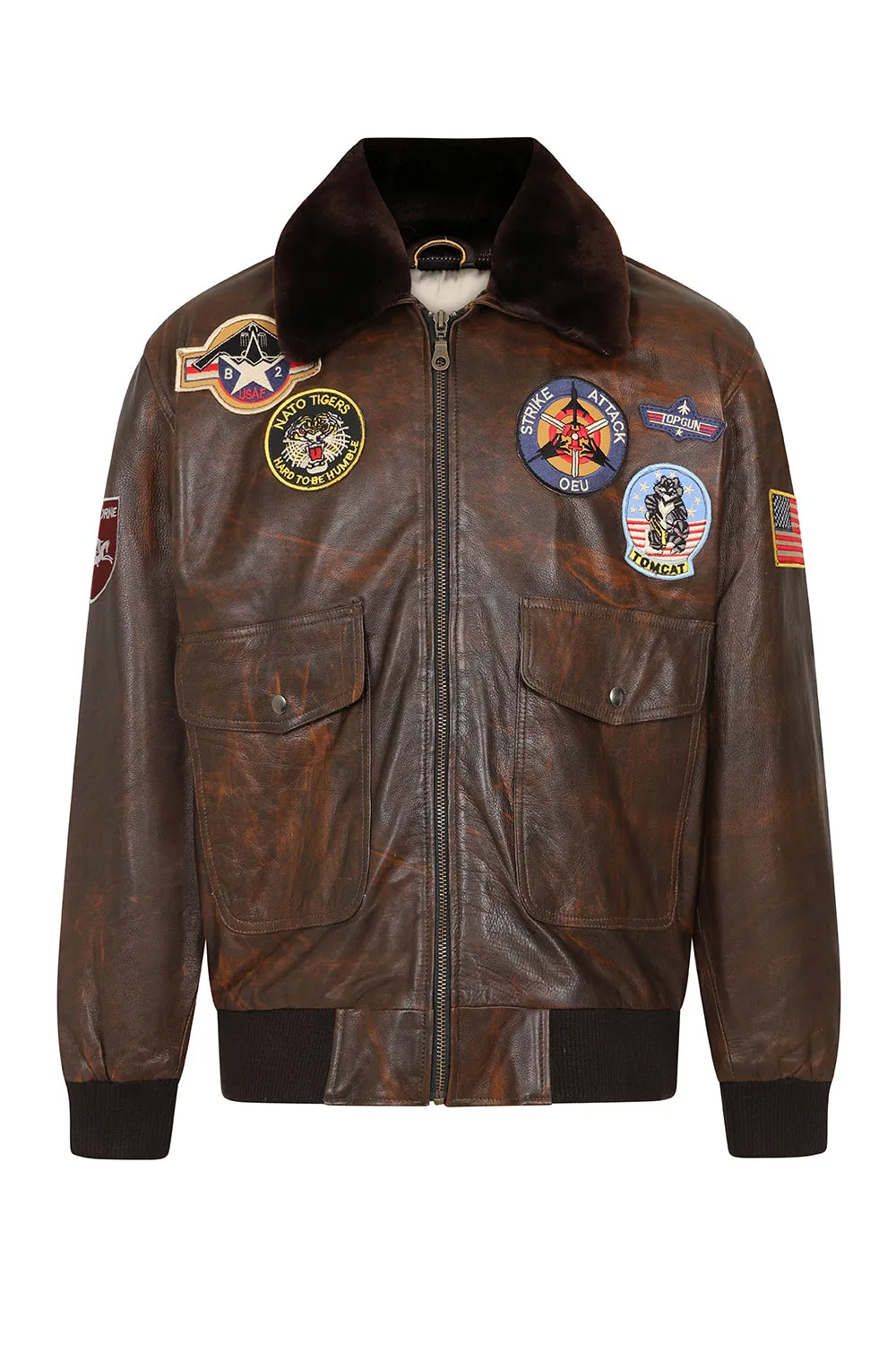 Men's Real Leather Pilot Jacket with Detachable Fur Collar - 'TOMMY'