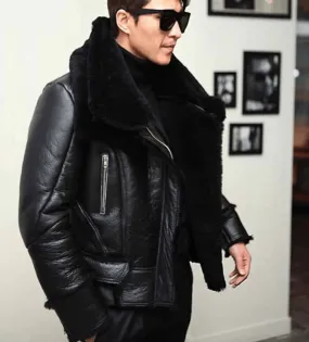 Mens Sheepskin Biker Black fur Aviator Jacket