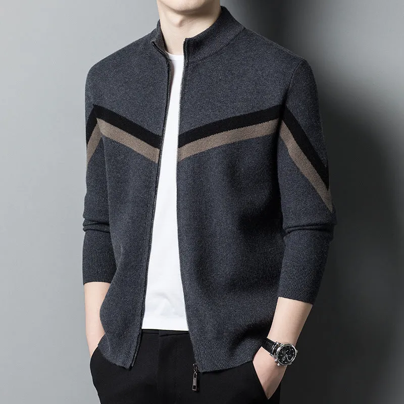 Men's Stand Collar Sweater - Modern Contrast Color Design for a Stylish Look