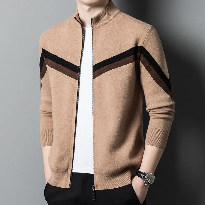 Men's Stand Collar Sweater - Modern Contrast Color Design for a Stylish Look