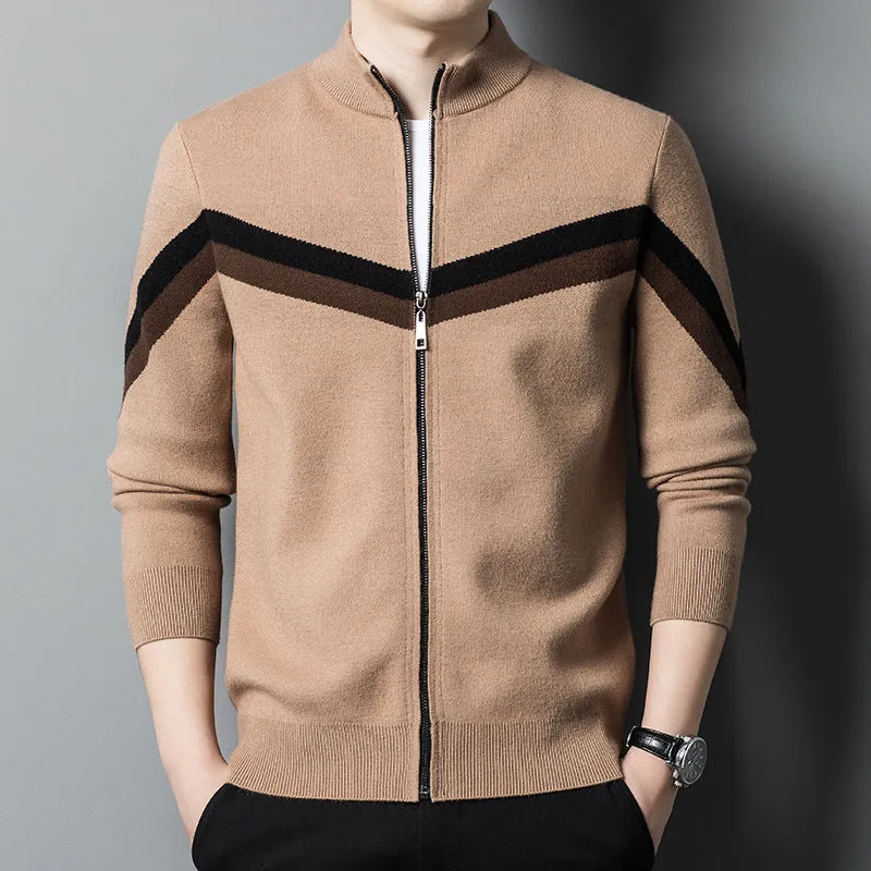 Men's Stand Collar Sweater - Modern Contrast Color Design for a Stylish Look