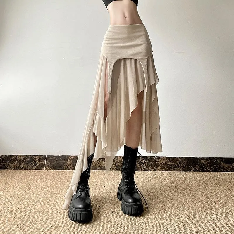 Mesh patchwork irregular midi skirt