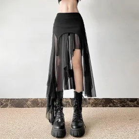 Mesh patchwork irregular midi skirt