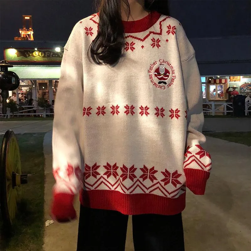 METAVERSMALL Autumn and winter Internet celebrity Santa Claus snowflake pattern pullover knitted sweater New new loose straight color matching sweater