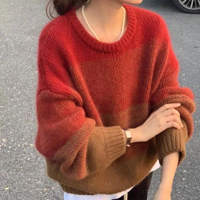 METAVERSMALL Autumn and winter striped color matching loose lazy wind long-sleeved top sweater New new round neck inner pullover knitted sweater