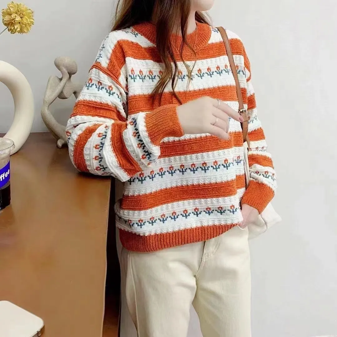 METAVERSMALL New loose Japanese sweet soft waxy color matching sweater 2023 autumn and winter age reduction versatile pullover striped knitted sweater women