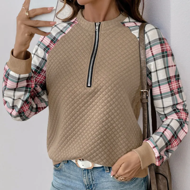 METAVERSMALL New new autumn women's plaid splicing top  retro splicing retro texture pullover sweater