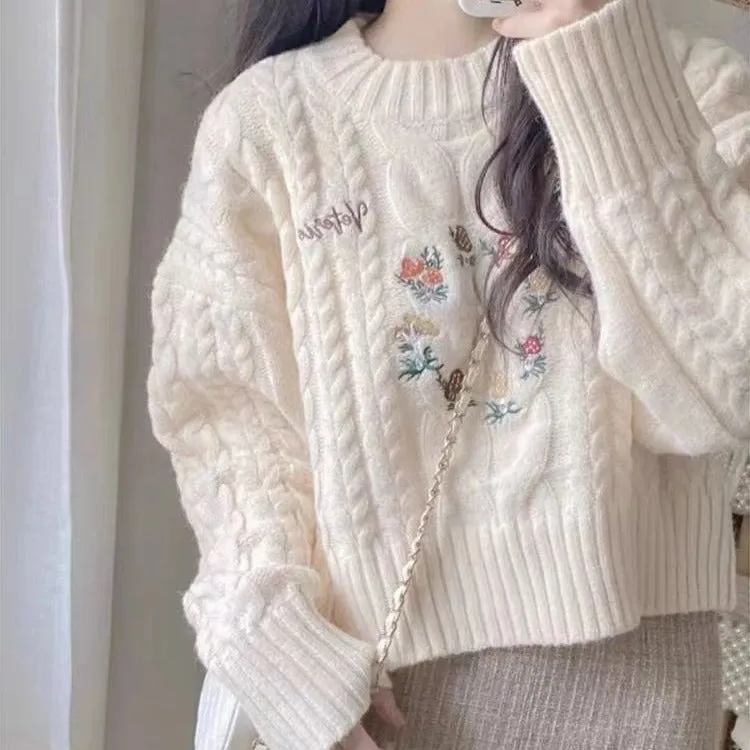 METAVERSMALL Short small embroidered solid color pullover sweater 2023 autumn and winter design sense gentle soft waxy knitted sweater