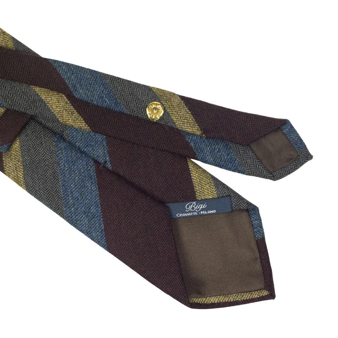 Multi-stripe wool tie, burgundy, blue, grey & mustard