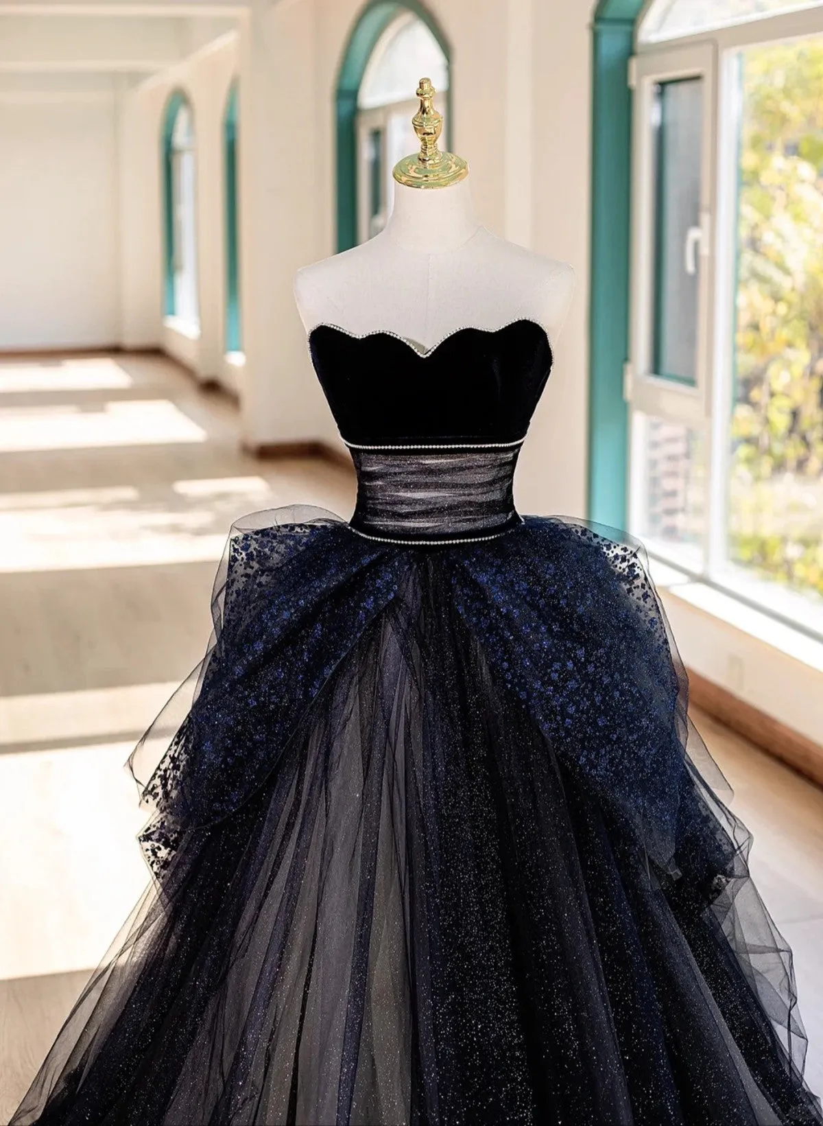 Navy Blue and Black Sweetheart Beaded Tulle Long Evening Dress, Long Prom Dress