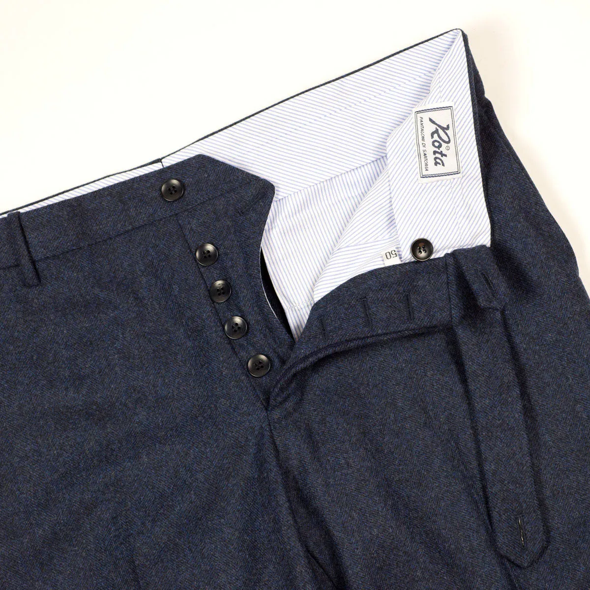 Navy herringbone wool flannel trousers