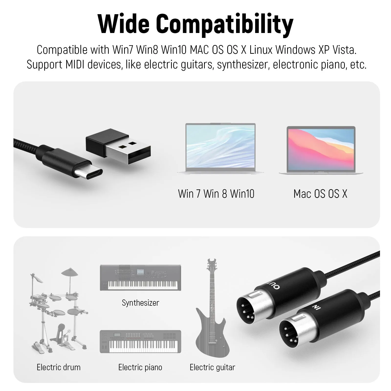 NEEWER 72.4"/184cm MIDI to Type C Cable