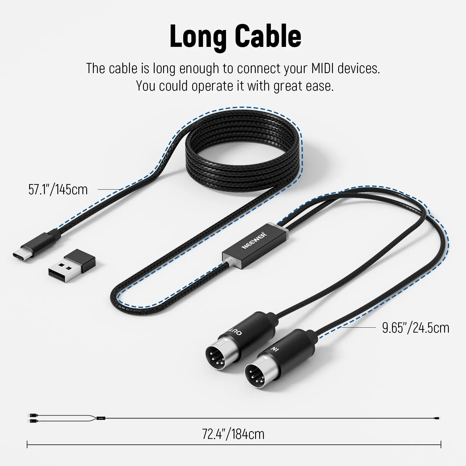 NEEWER 72.4"/184cm MIDI to Type C Cable