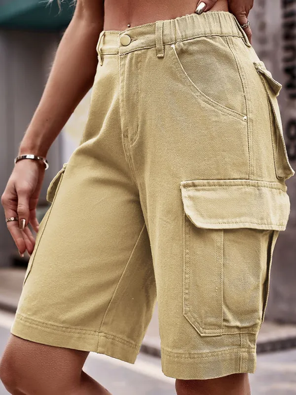 New Elastic Waist Denim Cargo Cropped Shorts