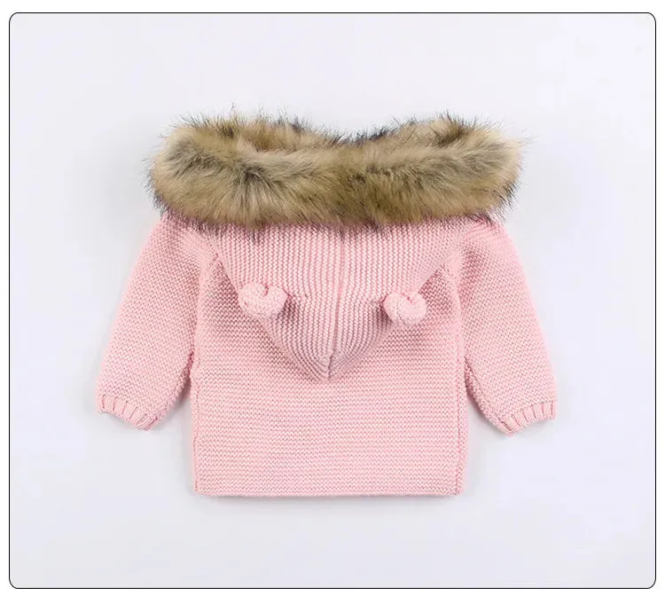 New Fashion Baby Sweater Coat Cute Fur Collar Animal Hooded Knitting Autumn Winter Warm Clothes For Baby