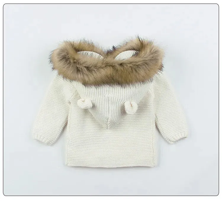 New Fashion Baby Sweater Coat Cute Fur Collar Animal Hooded Knitting Autumn Winter Warm Clothes For Baby