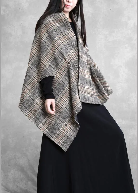 New plus size medium length coat outwear khaki plaid asymmetric Batwing Sleeve Woolen Coats