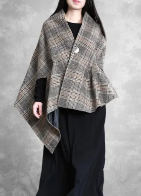 New plus size medium length coat outwear khaki plaid asymmetric Batwing Sleeve Woolen Coats