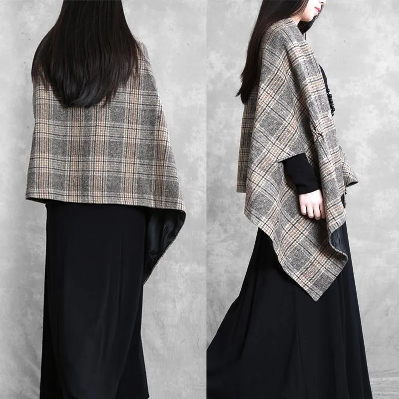 New plus size medium length coat outwear khaki plaid asymmetric Batwing Sleeve Woolen Coats