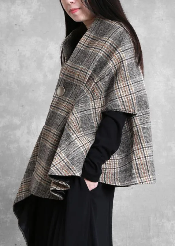 New plus size medium length coat outwear khaki plaid asymmetric Batwing Sleeve Woolen Coats