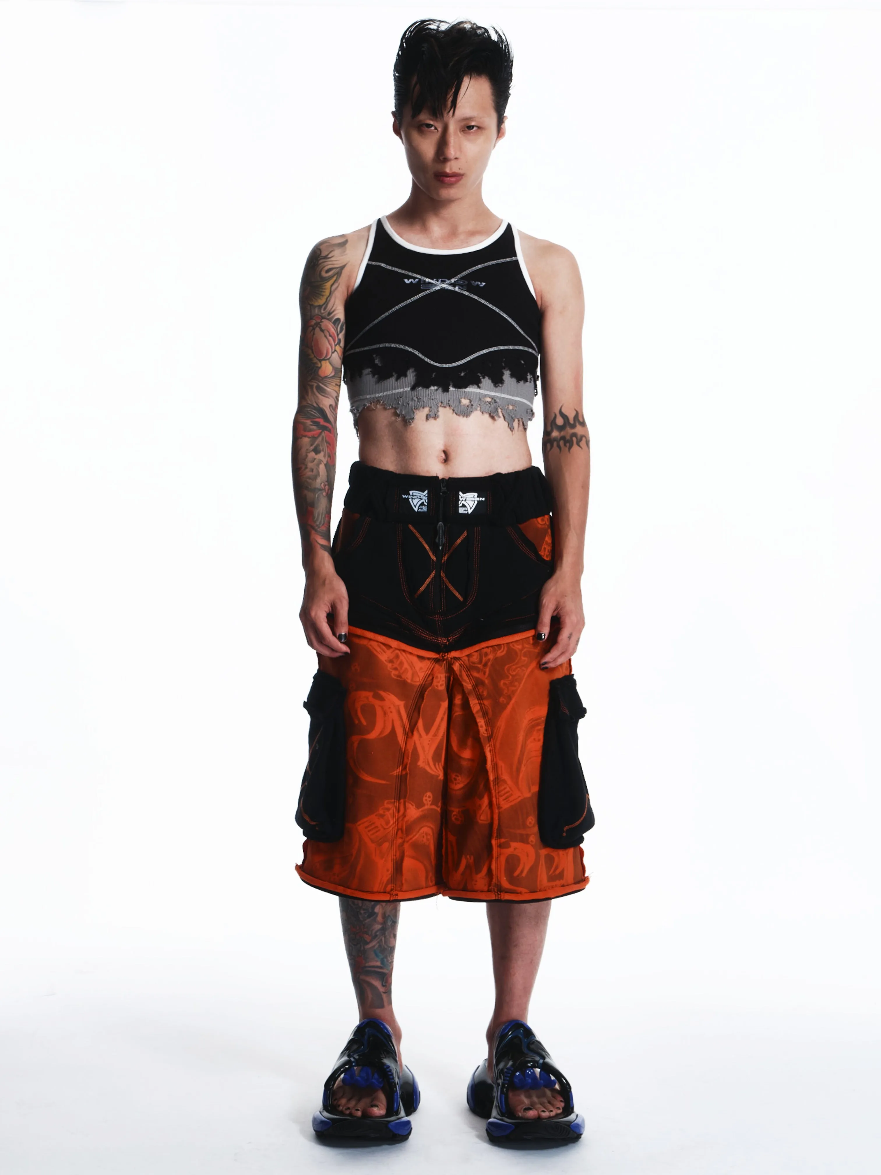 PANELED GRPAHIC CARGO PANTS/SHORT PANTS/SKIRT