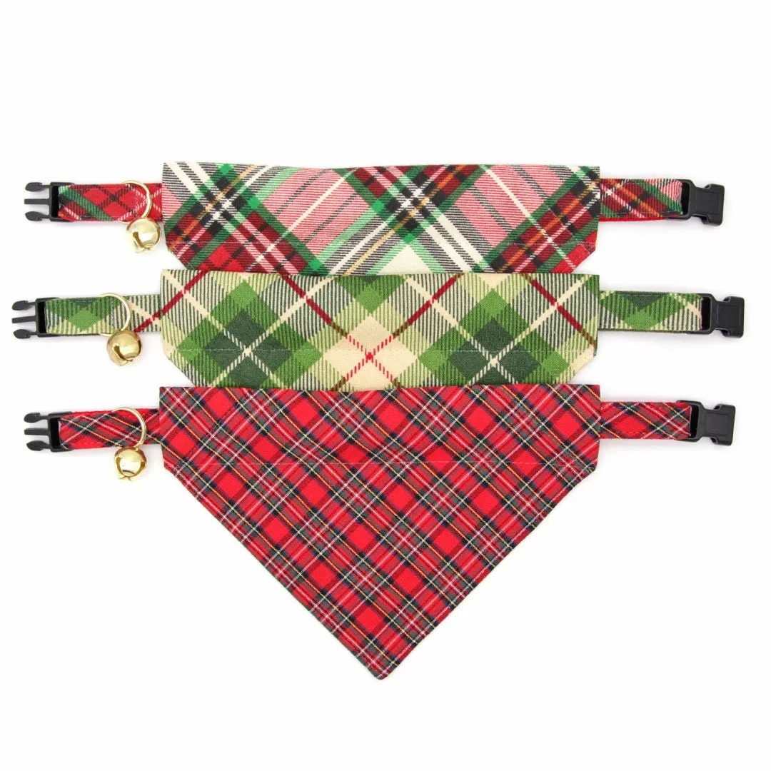 Pet Bandana - "Birchwood" - Red & Green Holiday Plaid Bandana for Cat   Small Dog / Christmas / Slide-on Bandana / Over-the-Collar (One Size)