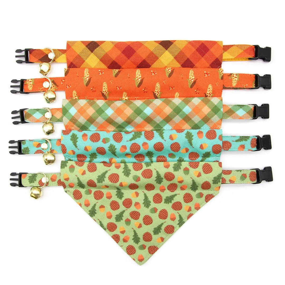 Pet Bandana - "Cinnamon" - Orange, Red & Gold Fall Plaid Bandana for Cat   Small Dog / Autumn   Thanksgiving / Slide-on Bandana / Over-the-Collar (One Size)