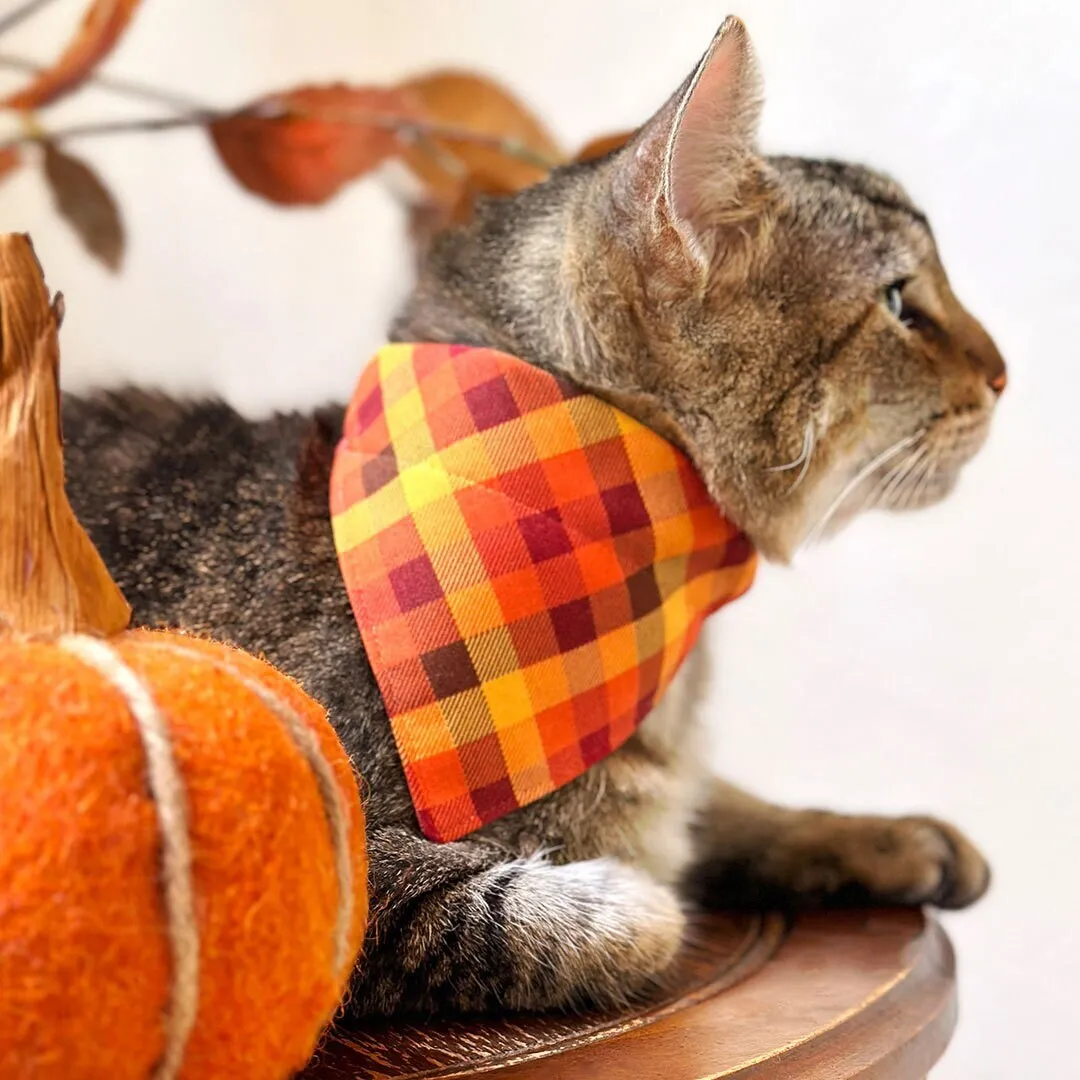 Pet Bandana - "Cinnamon" - Orange, Red & Gold Fall Plaid Bandana for Cat   Small Dog / Autumn   Thanksgiving / Slide-on Bandana / Over-the-Collar (One Size)