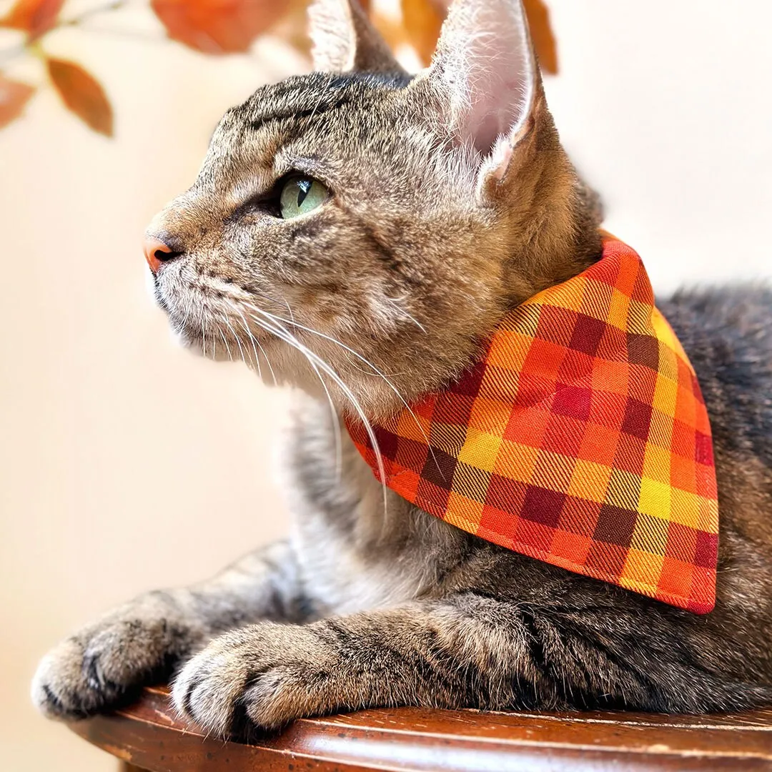 Pet Bandana - "Cinnamon" - Orange, Red & Gold Fall Plaid Bandana for Cat   Small Dog / Autumn   Thanksgiving / Slide-on Bandana / Over-the-Collar (One Size)