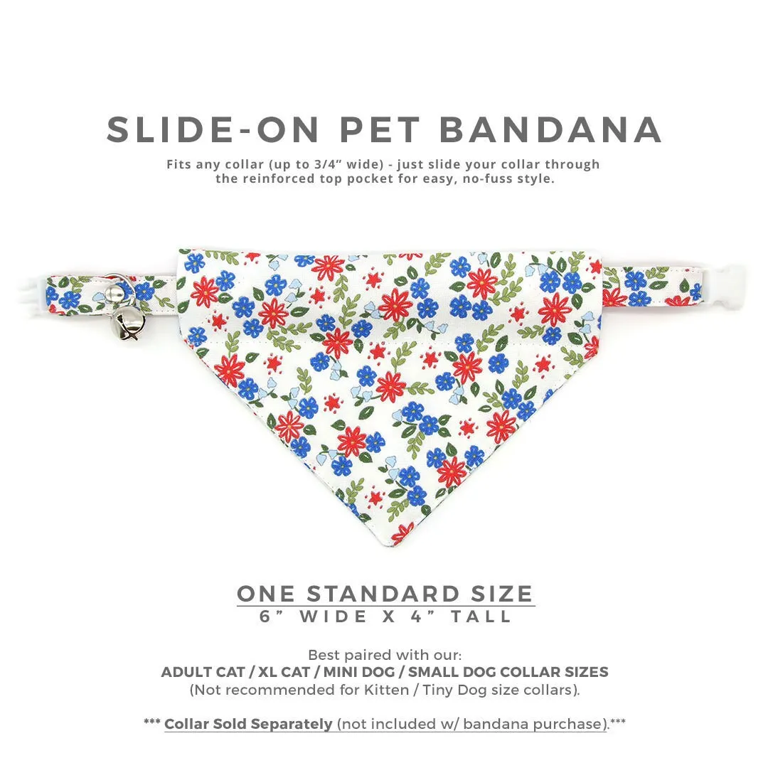 Pet Bandana - "Home Sweet Home" - Red & Blue Floral Bandana for Cat   Small Dog / Patriotic, Independence Day / Slide-on Bandana / Over-the-Collar (One Size)