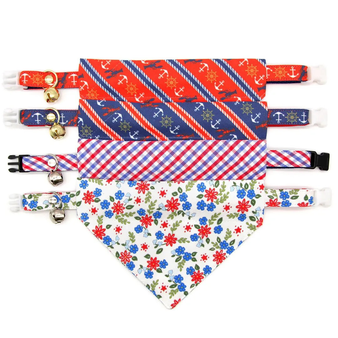 Pet Bandana - "Home Sweet Home" - Red & Blue Floral Bandana for Cat   Small Dog / Patriotic, Independence Day / Slide-on Bandana / Over-the-Collar (One Size)