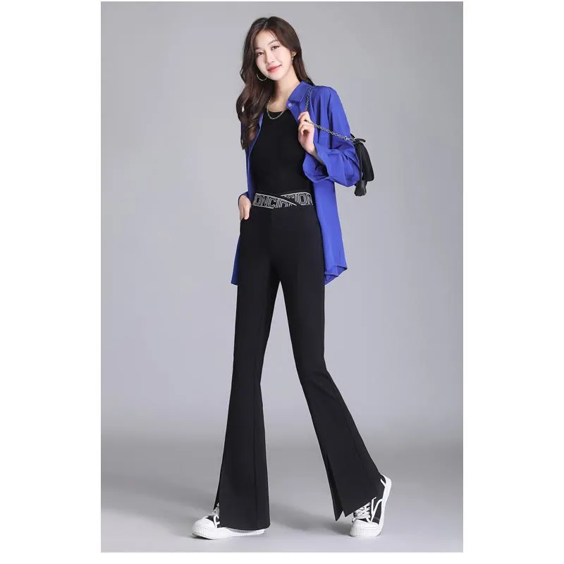 Petite Slit Bell-Bottoms Draping Split Floor-Length High-Waisted Pants