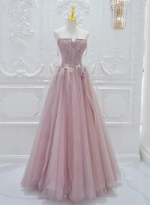 Pink Lace and Tulle A-line Prom Dress with Flowers, Pink Tulle Party Dress